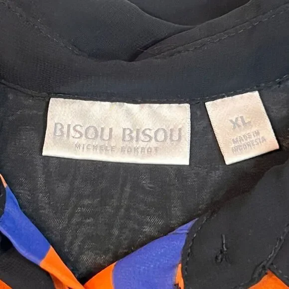 Bisou Busou Blouse Womens XL Colorful Bright Stripes Sheer Button Up Shirt - Picture 9 of 9